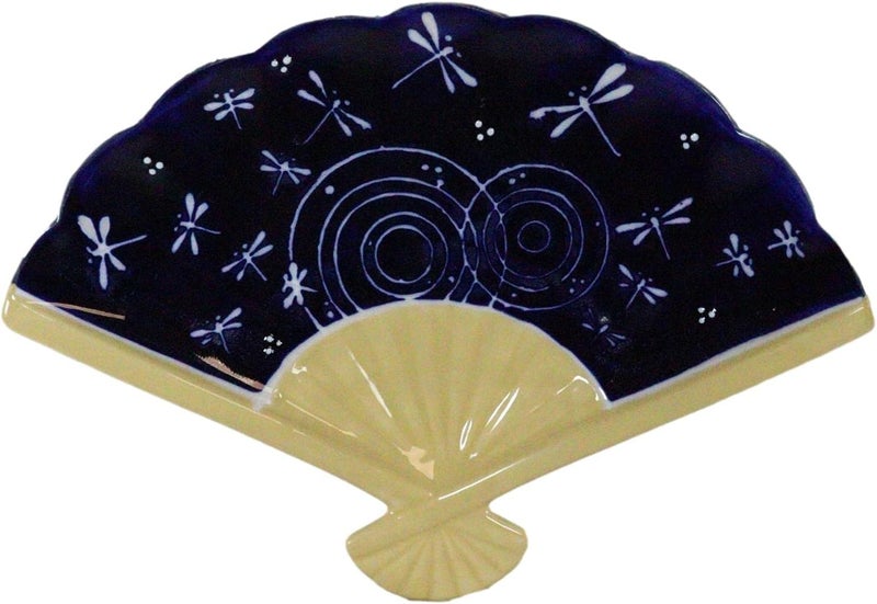 Ebros Gift مجموعة إيبروس من 4 أطباق ملونة على شكل مروحة شرقية لتقديم المقبلات والسوشي والحلويات مزينة بتصميم آسيوي فني مجموعة أطباق زرقاء بتصميم تنين في منتصف الليل - Image 4