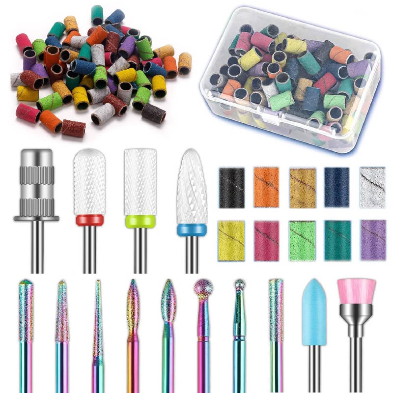 Depvko 13Pcs Nail Drill Bits100Pcs 10 Colors Sanding Bands1Pc Mandrel Bit 332 inch Cremaic Damiand Nail Bits Set Professional Drill Bits for Acrylic Gel Nails Manicure Pedicure