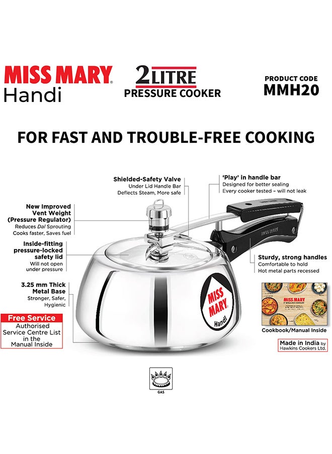 Hawkins 2Liters Miss Mary Handi Inner Lid Aluminium Pressure Cooker, Small Cooker,Gas Stovetop Compatible (Mmh20) Silver  - Image 5