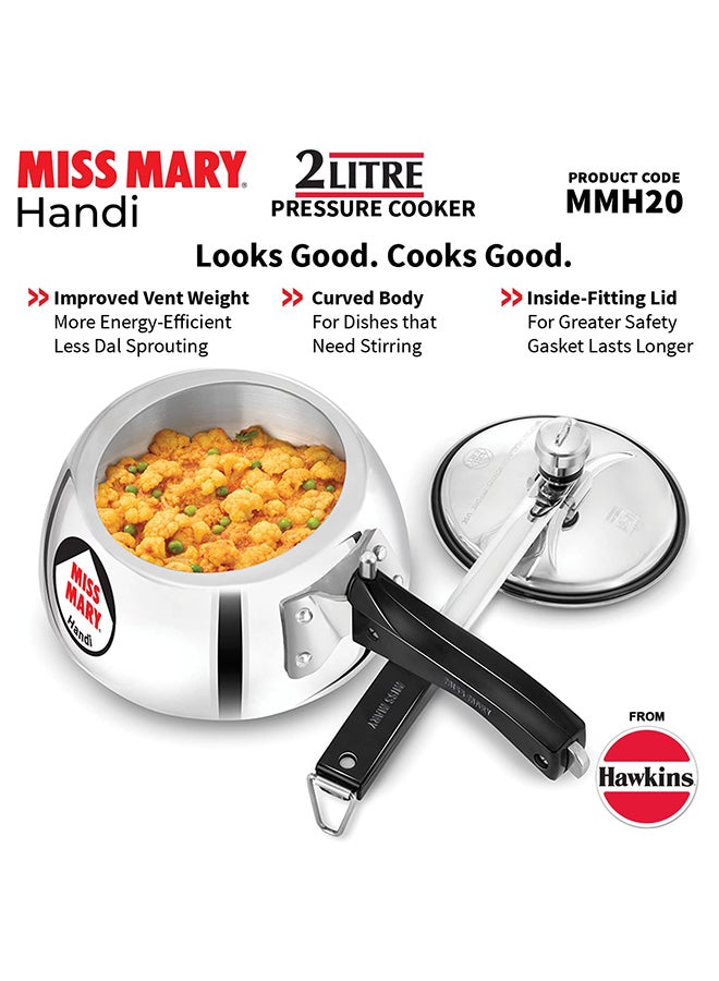 Hawkins 2Liters Miss Mary Handi Inner Lid Aluminium Pressure Cooker, Small Cooker,Gas Stovetop Compatible (Mmh20) Silver  - Image 2