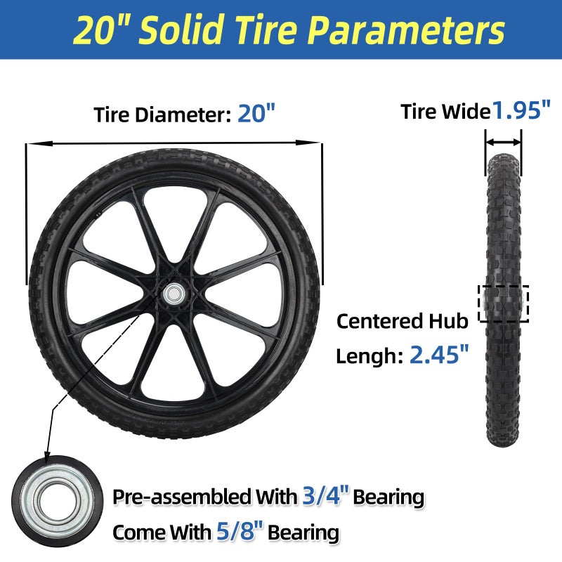 GICOOL 20" Flat Free Tire and Wheel, with 3/4" & 5/8" Bearing, 2.45" Centered Hub, Replacement Wheel For Rubbermaid Wheelbarrow, Garden Yard Cart, 2 Pcs - Image 2