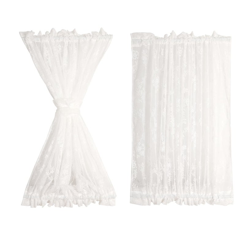 RLoncomix Rod Pocket Lace Sheer Door Curtain French White Mesh Light Filtering Airy Floral Semi Voile Curtain for Kitchen Cafe Bedroom Living Room with Tieback 2 Panels 72 Inches