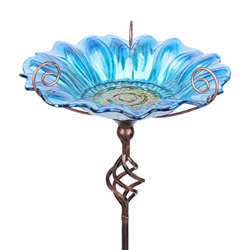 MUMTOP Bird Baths for Outdoors, Outdoor Bird Bath,Glass Birdbath Sunflower Bird Feeders Bowl with Stake for Garden Yard Decor (Blue) - Image 1