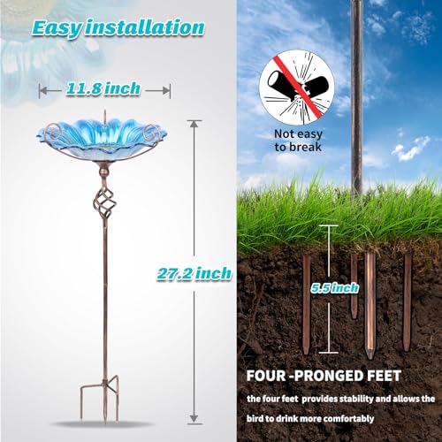 MUMTOP Bird Baths for Outdoors, Outdoor Bird Bath,Glass Birdbath Sunflower Bird Feeders Bowl with Stake for Garden Yard Decor (Blue) - Image 5
