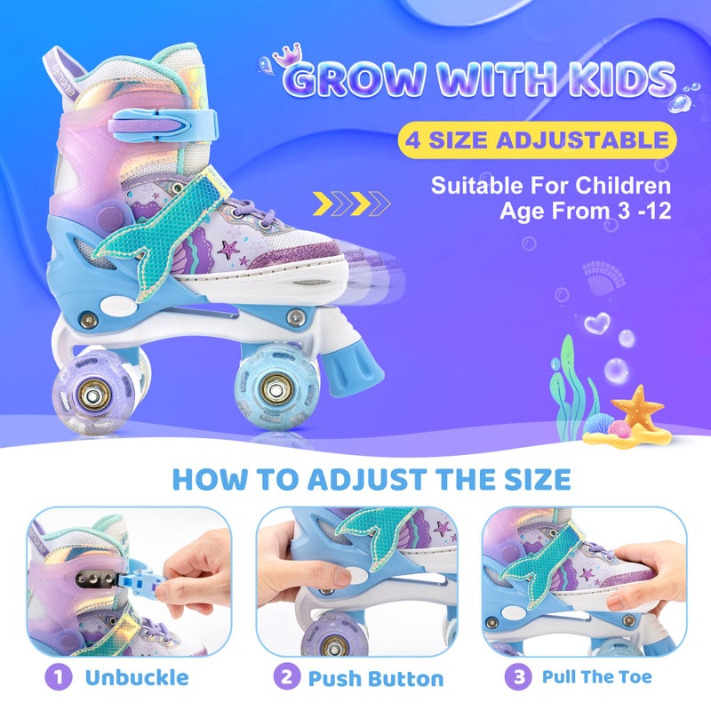 NEMONE Mermaid 4 Size Adjustable Light up Roller Skates for Girls, Blue Purple Skates for Toddlers, Beginner Kids Roller Skates Indoor Outdoor (Blue S) - Image 2
