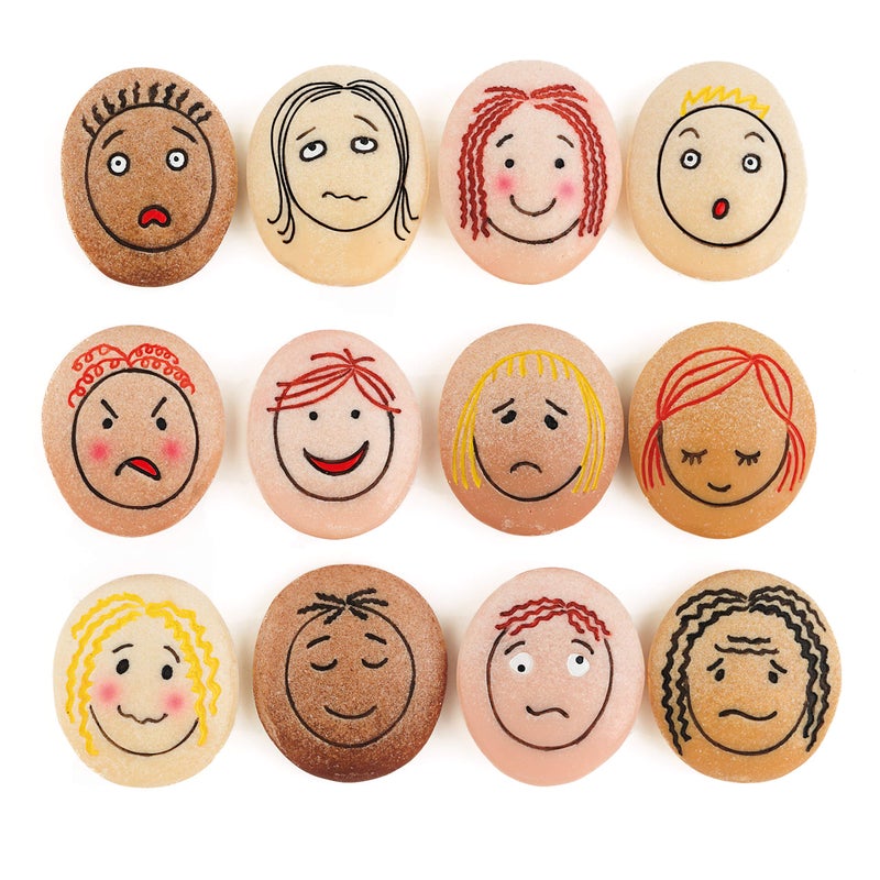 Yellow Door YD-21 Emotion Stones with Faces Showing Common Emotions, Set of 12, Kindergarten Grade to 3 Grade, 5" H, 3" L, 3" W - Image 1