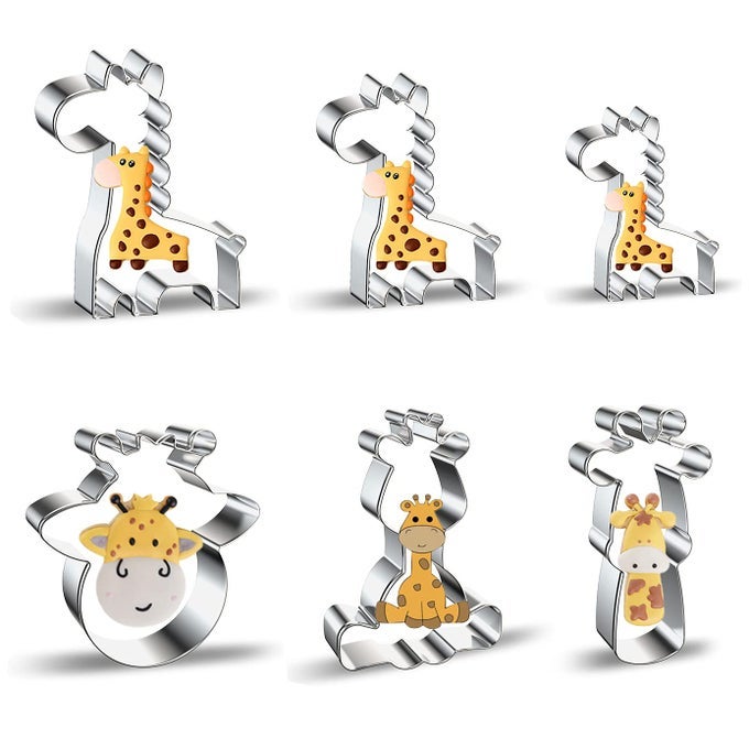 GIRAFFE COOKIE CUTTERS SET 4 INCH 6 PIECES MOTHER AND BABY DIY STAINLESS STEEL METAL BISCUIT MOLD WITH SITTING BABY GIRAFFE GIRAFFE FACE AND HEAD SHAPES CUTTER FOR BABY SHOWER BIRTHDAY PARTY