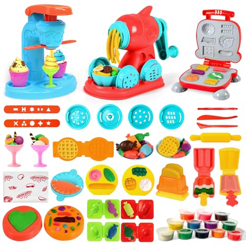 Aprilwolf 59 PCS 3 in 1 Dough Sets for Kids Ages 348 Art Crafts Dough Tools Kit Ice Cream Playset Noodle Hamburger Maker Machine Kitchen Creations Food Play Toys Toddlers Boys Girls - Image 1