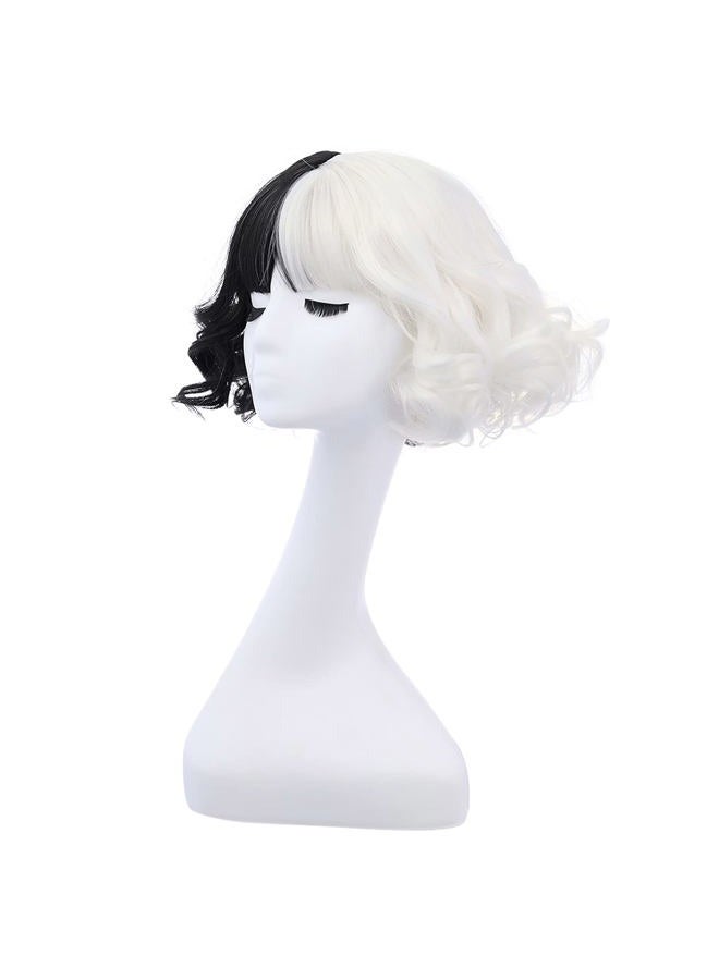 MAGQOO Half Black White Wig with Bangs Women Girls Short Curly Wavy Wig Black and White Hair Wigs Halloween Cosplay Costume Party Wig - Image 3