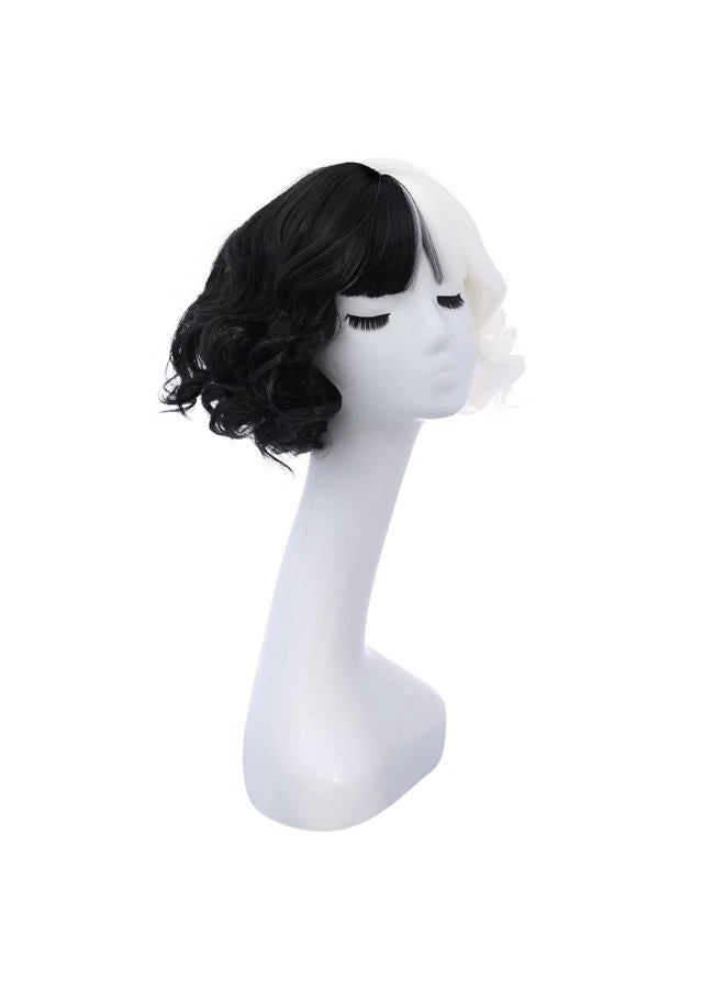 MAGQOO Half Black White Wig with Bangs Women Girls Short Curly Wavy Wig Black and White Hair Wigs Halloween Cosplay Costume Party Wig - Image 2