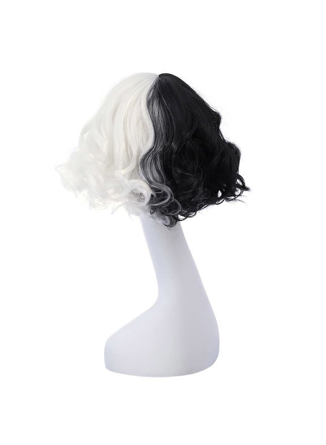 MAGQOO Half Black White Wig with Bangs Women Girls Short Curly Wavy Wig Black and White Hair Wigs Halloween Cosplay Costume Party Wig - Image 4