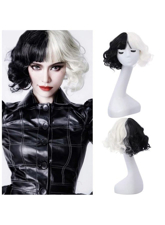 MAGQOO Half Black White Wig with Bangs Women Girls Short Curly Wavy Wig Black and White Hair Wigs Halloween Cosplay Costume Party Wig - Image 1