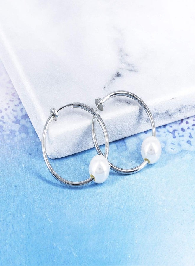 YOQUCOL 2 Pairs Clip On Hoop Earrings for Women Simulated Freshwater Pearl Non Pierced Ears Spring Hoops - Image 3