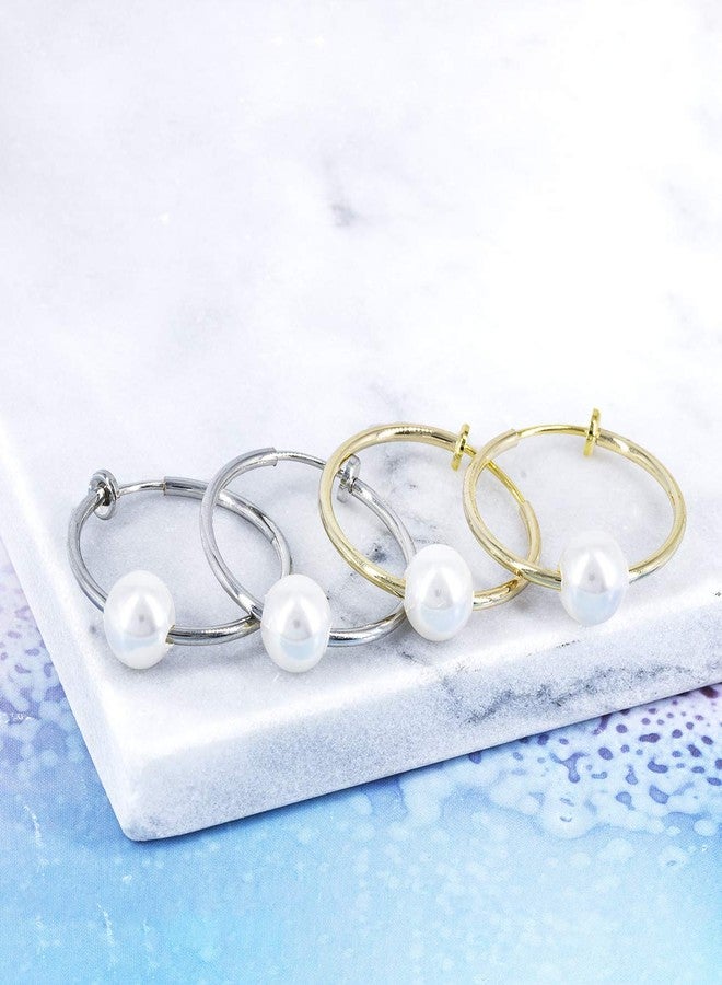 YOQUCOL 2 Pairs Clip On Hoop Earrings for Women Simulated Freshwater Pearl Non Pierced Ears Spring Hoops - Image 2