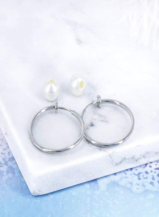 YOQUCOL 2 Pairs Clip On Hoop Earrings for Women Simulated Freshwater Pearl Non Pierced Ears Spring Hoops - Image 5