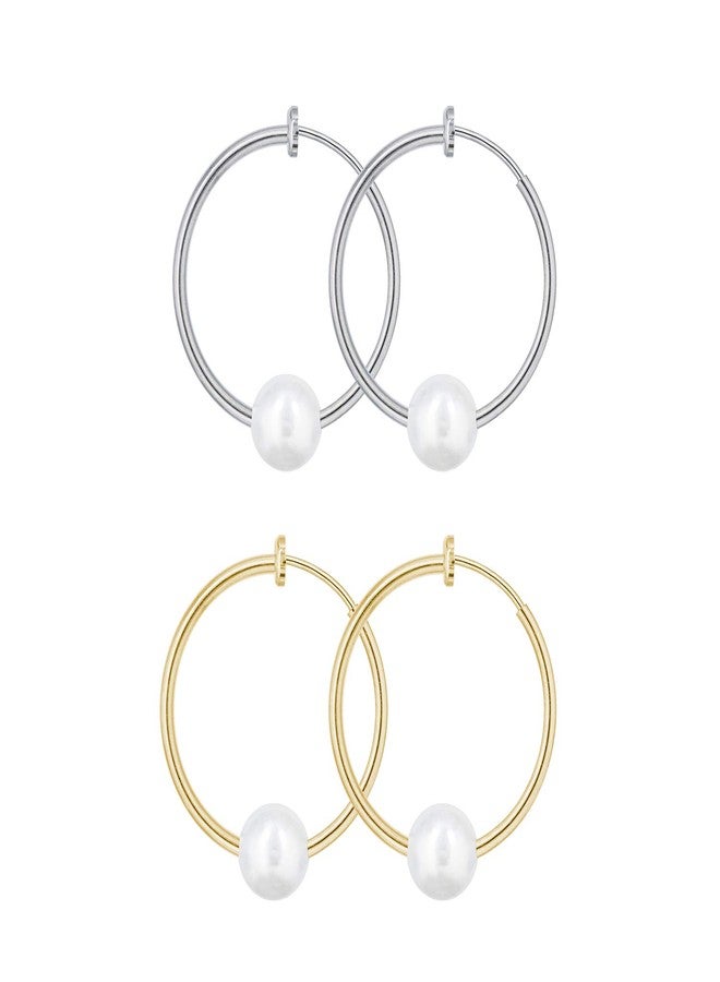 YOQUCOL 2 Pairs Clip On Hoop Earrings for Women Simulated Freshwater Pearl Non Pierced Ears Spring Hoops - Image 1