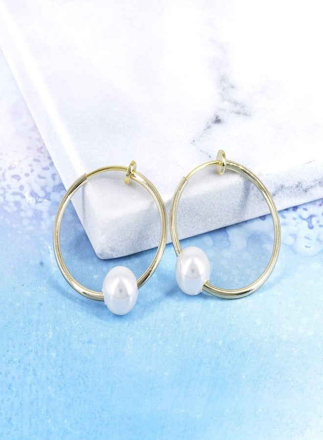 YOQUCOL 2 Pairs Clip On Hoop Earrings for Women Simulated Freshwater Pearl Non Pierced Ears Spring Hoops - Image 4