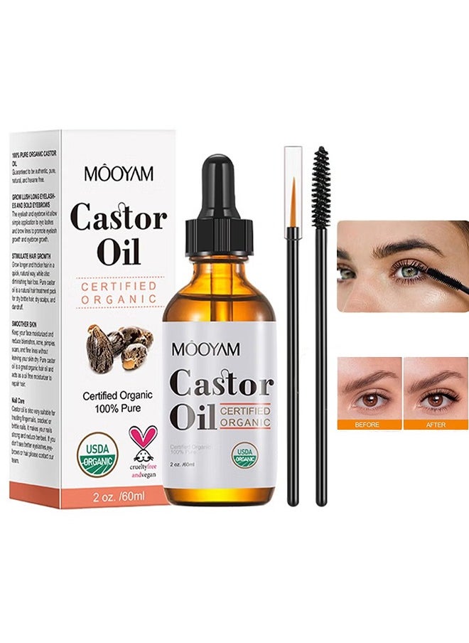 MOOYAM - Organic Castor Oil, USDA Certified Organic, 100% Pure, Cold Pressed, Hexane Free, Stimulates Eyelash, Eyebrow and Hair Growth, Skin Moisturizer and Degreaser  60ml - Image 1