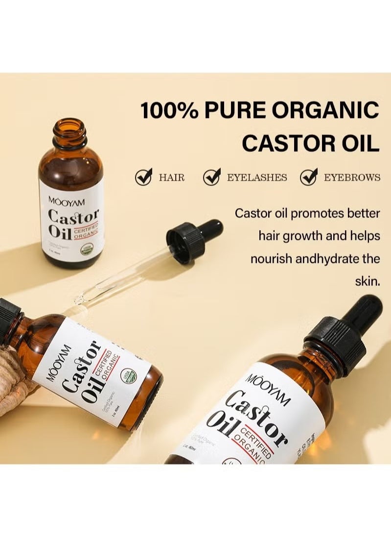 MOOYAM - Organic Castor Oil, USDA Certified Organic, 100% Pure, Cold Pressed, Hexane Free, Stimulates Eyelash, Eyebrow and Hair Growth, Skin Moisturizer and Degreaser  60ml - Image 1