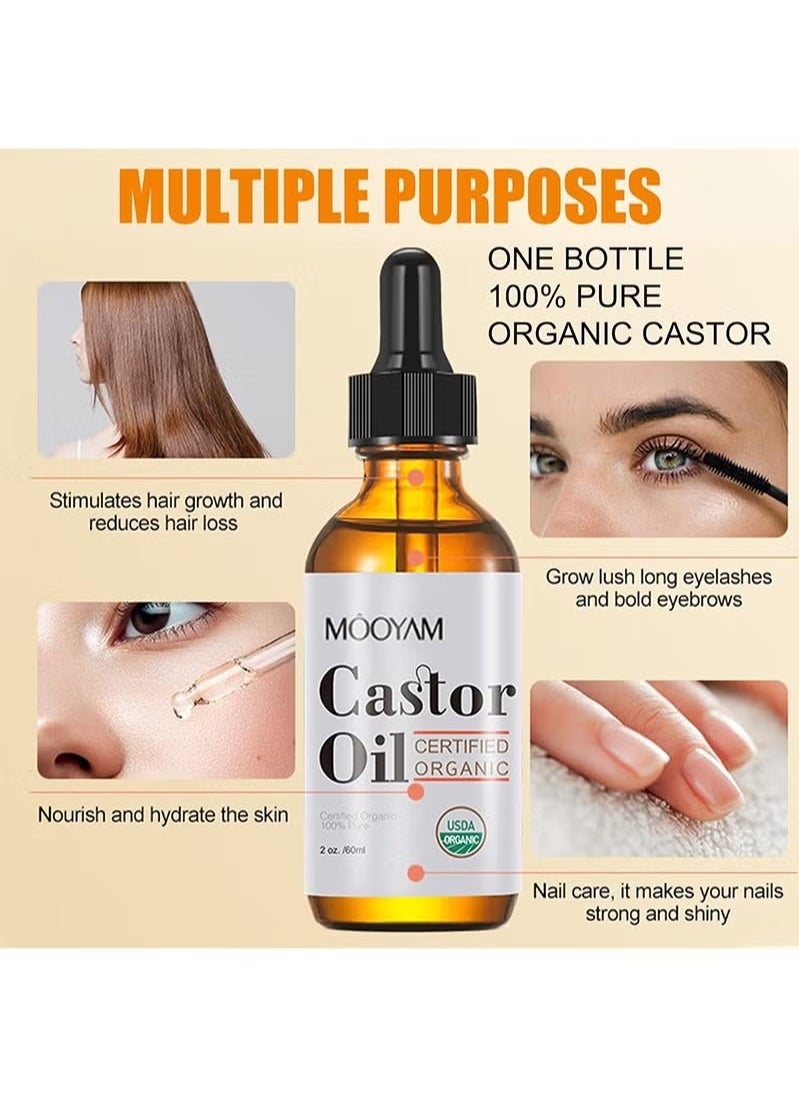 MOOYAM - Organic Castor Oil, USDA Certified Organic, 100% Pure, Cold Pressed, Hexane Free, Stimulates Eyelash, Eyebrow and Hair Growth, Skin Moisturizer and Degreaser  60ml - Image 1