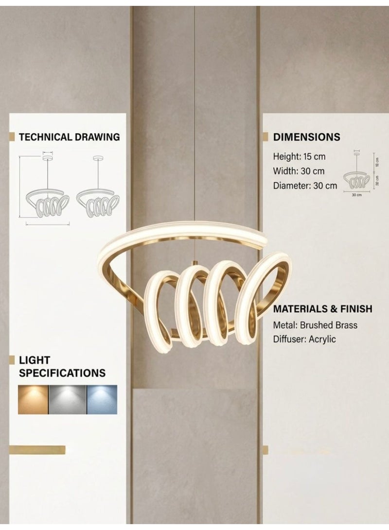 لامبارا ثريا علاقي مودرن ذهبي ثلاث إضاءات LED – تصميم حلقات حديث – هيكل ذهبي فاخر مع أكريليك – قطر 30 سم - Image 3
