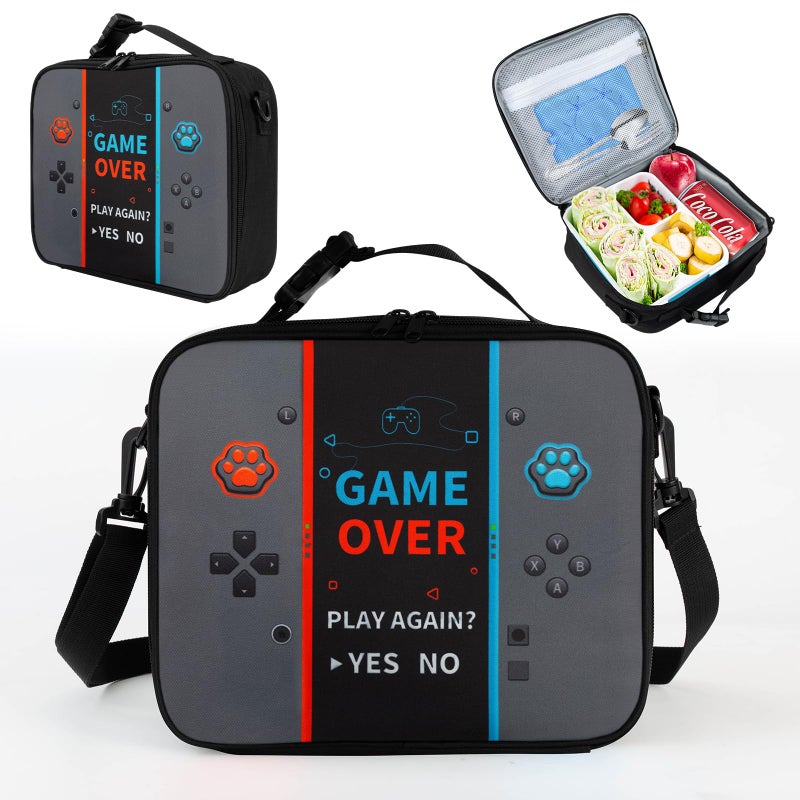 Easozoom Game Console Bento Insulated Lunch Bag lonchera for Teen Boy Kid Gamer Lunch Box Reusable Large Capacity Portable Waterproof Leakproof with name tag to School Office Picnic (Gray) - Image 1