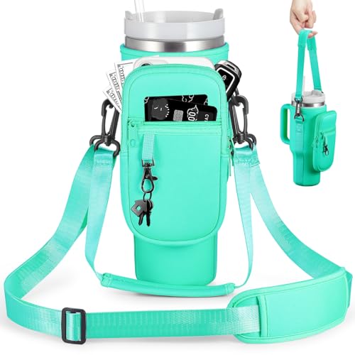 BULKITEM 40oz Water Bottle Carrier Bag with Phone Pocket for Green Stanley 40 oz Tumbler with Handle, Green Insulated Neoprene Cup Holder Pouch Strap for Valentines Stanley Cup Accessories - Image 1