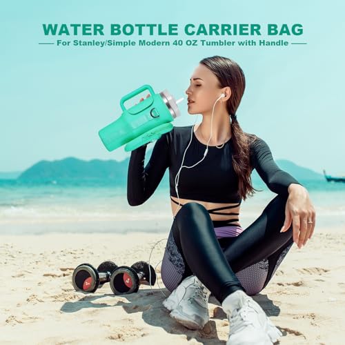BULKITEM 40oz Water Bottle Carrier Bag with Phone Pocket for Green Stanley 40 oz Tumbler with Handle, Green Insulated Neoprene Cup Holder Pouch Strap for Valentines Stanley Cup Accessories - Image 2