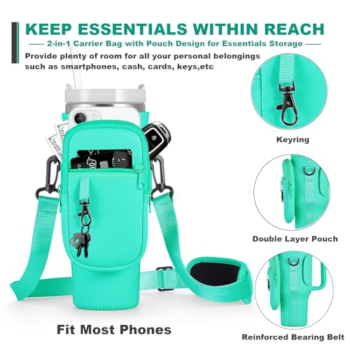 BULKITEM 40oz Water Bottle Carrier Bag with Phone Pocket for Green Stanley 40 oz Tumbler with Handle, Green Insulated Neoprene Cup Holder Pouch Strap for Valentines Stanley Cup Accessories - Image 3