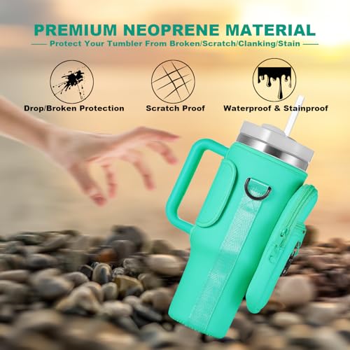 BULKITEM 40oz Water Bottle Carrier Bag with Phone Pocket for Green Stanley 40 oz Tumbler with Handle, Green Insulated Neoprene Cup Holder Pouch Strap for Valentines Stanley Cup Accessories - Image 4