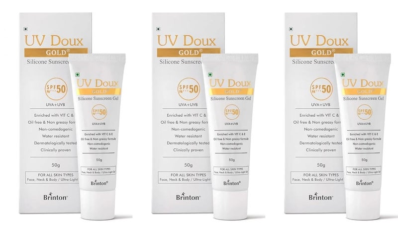 Brinton Brinton UV Doux Gold Silicone Sunscreen Gel SPF 50 PA Enriched With Vitamin C  E  Water Resistant Oil Free  Non Greasy  UVAUVB With Broad Spectrum 50 g x Pack of 3 - Image 1