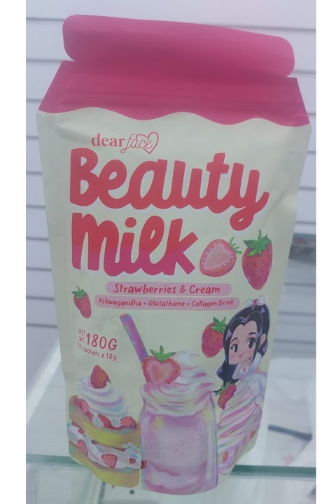 dear face Beauty milk(strawberries&cream)Ashwagandha+Glutathione+collagen  DRINK 180G(10SACHETSX18G) | Best Price KSA