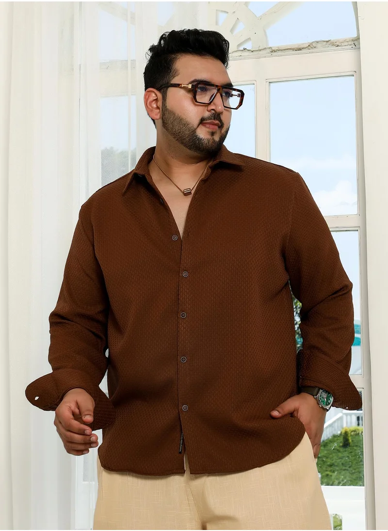 انستافاب بلس Instafab Plus Men's Chocolate Brown Interweave-Tactile Shirt For Casual Wear | Spread Collar | Long Cuffed Sleeves | Button Closure | Plus Size Shirt Crafted With Comfort Fit For Everyday Wear