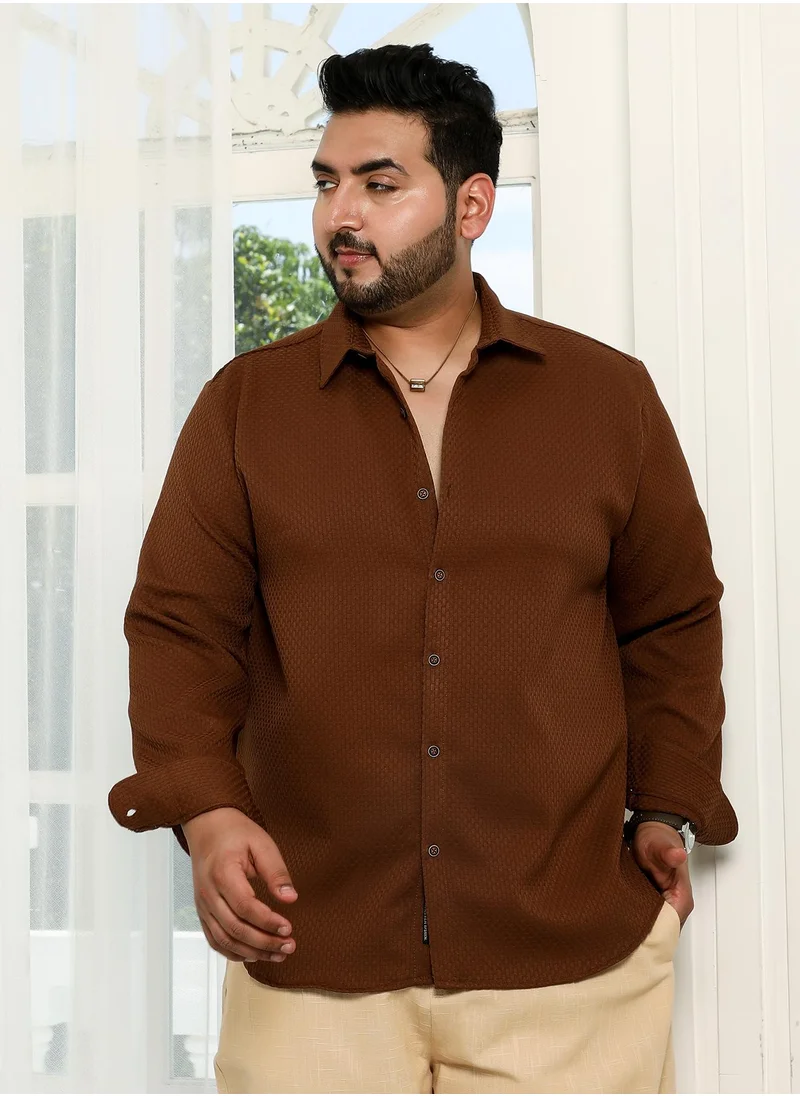 انستافاب بلس Instafab Plus Men's Chocolate Brown Interweave-Tactile Shirt For Casual Wear | Spread Collar | Long Cuffed Sleeves | Button Closure | Plus Size Shirt Crafted With Comfort Fit For Everyday Wear