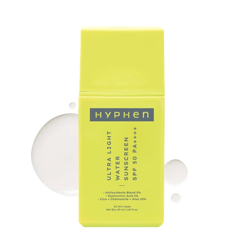 Hyphen 1 Hyaluronic Ultra Light Water Sunscreen SPF 50 PA   Broad Spectrum  Blue Light Protection  No White Cast  5 Antioxidants Niacinamide Vitamin E  Korean Sun cream for Men Women  50ml - Image 1