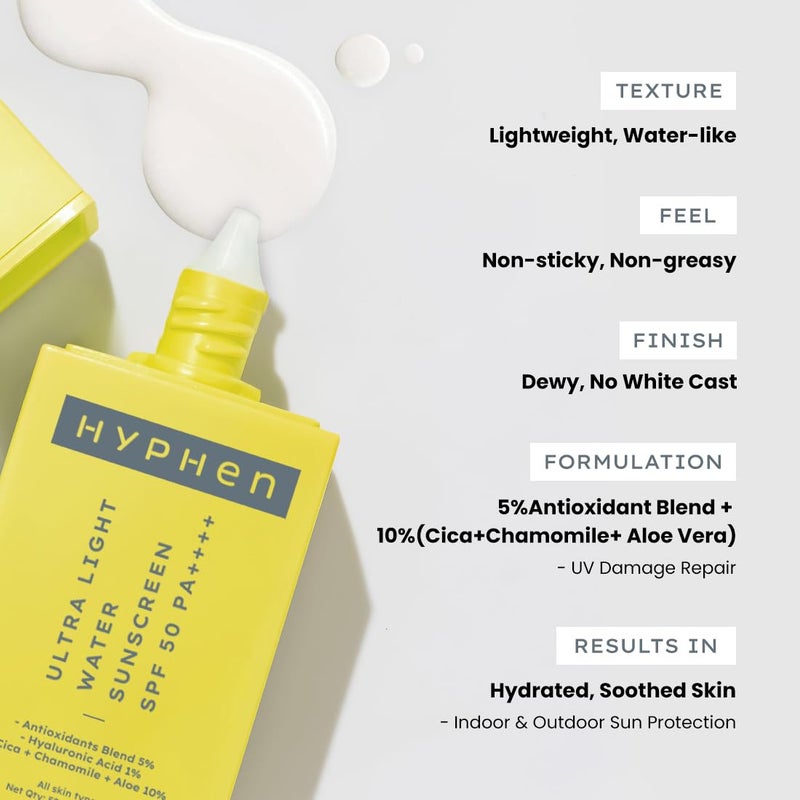 Hyphen 1 Hyaluronic Ultra Light Water Sunscreen SPF 50 PA   Broad Spectrum  Blue Light Protection  No White Cast  5 Antioxidants Niacinamide Vitamin E  Korean Sun cream for Men Women  50ml - Image 2