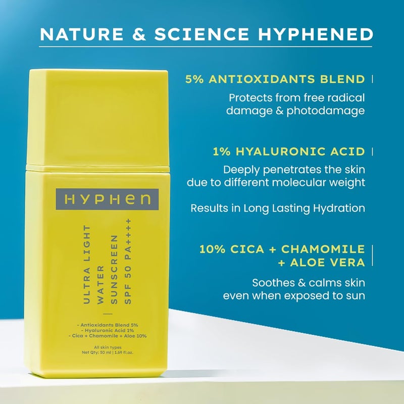 Hyphen 1 Hyaluronic Ultra Light Water Sunscreen SPF 50 PA   Broad Spectrum  Blue Light Protection  No White Cast  5 Antioxidants Niacinamide Vitamin E  Korean Sun cream for Men Women  50ml - Image 5