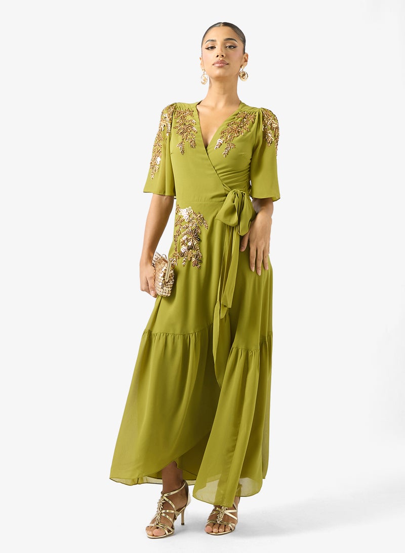 Hope & Ivy Embellished Flutter Sleeve  Wrap   Tie Waist Maxi Dress - Image 4