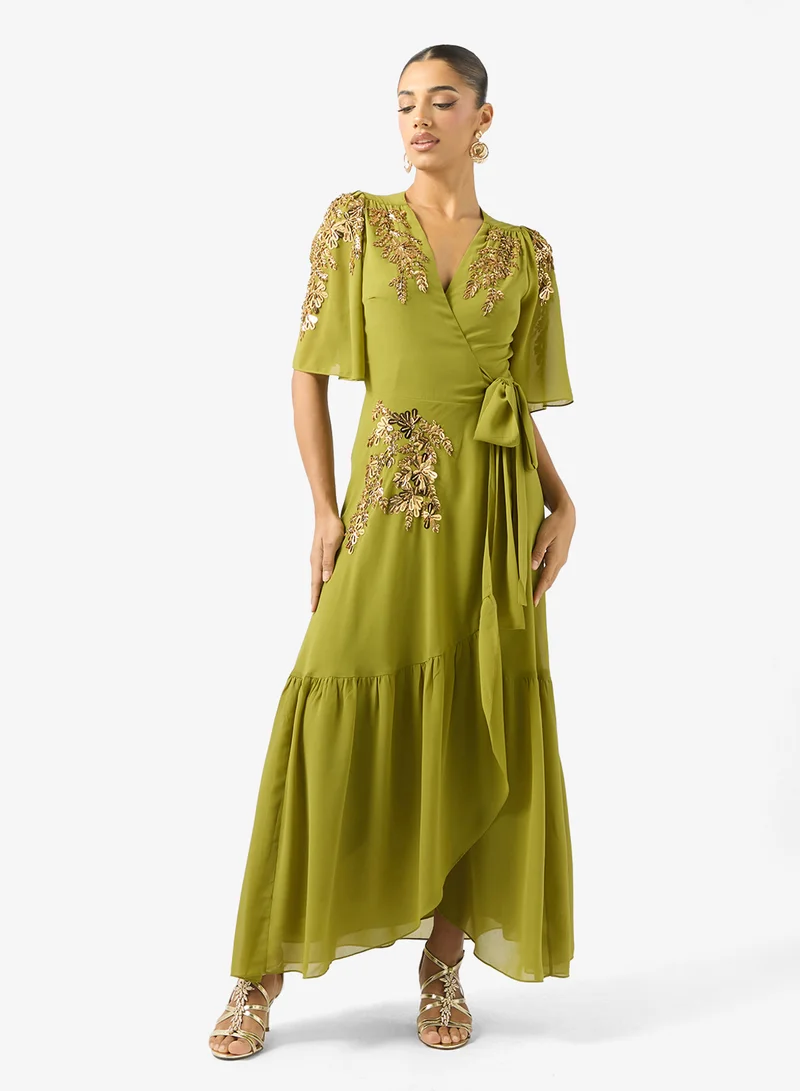 Hope & Ivy Embellished Flutter Sleeve  Wrap   Tie Waist Maxi Dress