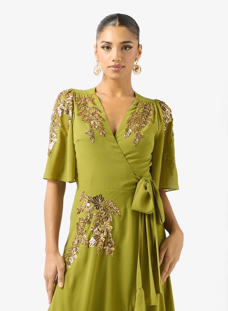 Hope & Ivy Embellished Flutter Sleeve  Wrap   Tie Waist Maxi Dress - Image 3