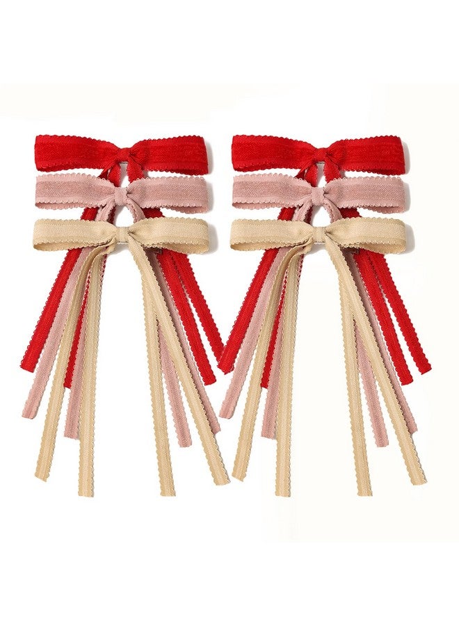 Hair Bows And Clips - Lace Bows, Ribbons With Long Tails, Metal Clips In Pink And Red For Women And Teens, 6Pcs
