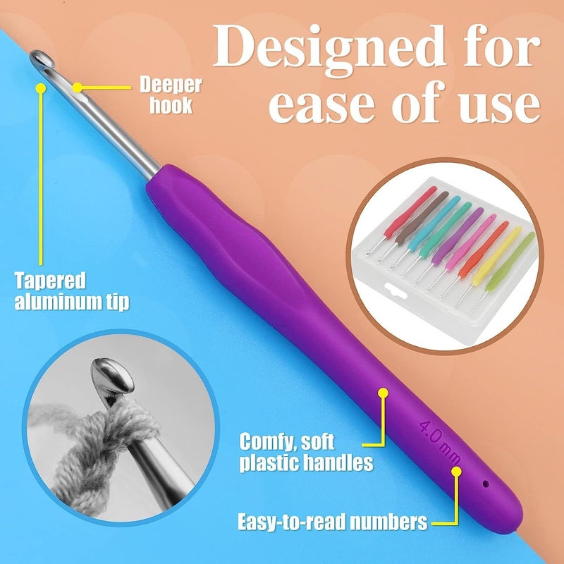 RangTeq 9pcs Crochet Hooks Set Aluminium Soft Grip Rubber Handle Needles Craft Yarn Sewing Tools (2mm/2.5mm/3mm/3.5mm/4mm/4.5mm/5mm /5.5mm/6mm) - Image 3