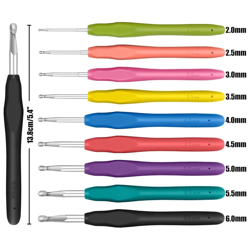 RangTeq 9pcs Crochet Hooks Set Aluminium Soft Grip Rubber Handle Needles Craft Yarn Sewing Tools (2mm/2.5mm/3mm/3.5mm/4mm/4.5mm/5mm /5.5mm/6mm) - Image 2