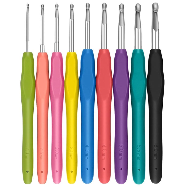 RangTeq 9pcs Crochet Hooks Set Aluminium Soft Grip Rubber Handle Needles Craft Yarn Sewing Tools (2mm/2.5mm/3mm/3.5mm/4mm/4.5mm/5mm /5.5mm/6mm) - Image 1