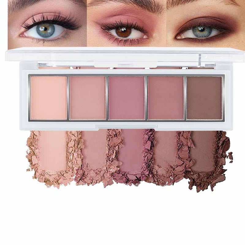 evpct 5 Colors Matte Pink Eyeshadow Makeup Palette, Nude Pink Rose Mauve Brown Cocoa Neutral Matte Cream Mini Eye Shadow Palette Makeup for Older Women Blue Green Eye, Blush Contour Palettes sombras de ojos - Image 1