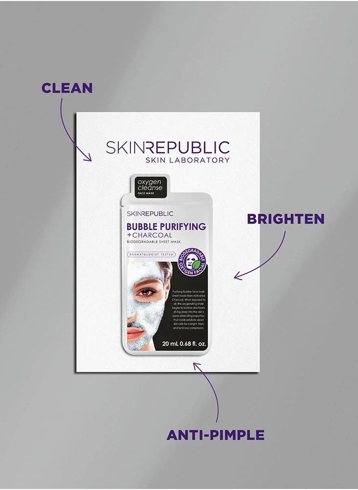 SKIN REPUBLIC - Face Mask Sheet (10 Masks) – Bubble Purifying Serum with Charcoal, Apple & Tea Tree, Fights Pimples, Minimizes Pores, Removes Blackheads, Controls Oil, Exfoliates & Brightens Skin - Image 1
