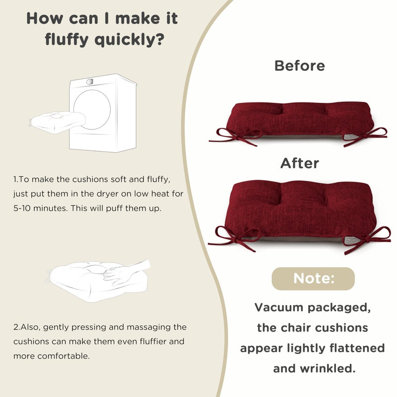 AddGrace Chair Cushions for Dining Chairs Set of 1 Kitchen Seat Cushions with Ties and Non Slip Backing Tufted Indoor Seat Pad for Kitchen Dining Room 18" x 17" x 3" Burgundy - Image 5