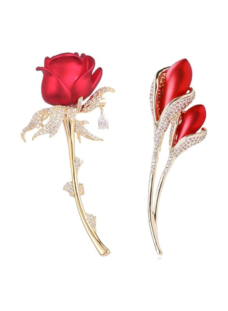 Excefore Rose Flowers Brooches Pins Women's Fashion Crystal Pins Tulip Brooch Alloy Rhinestone Leaf Brooch, Lapel Pins Dress Suit Bouquet Ceremony Accessories Jewelry, 2PCS - Image 1