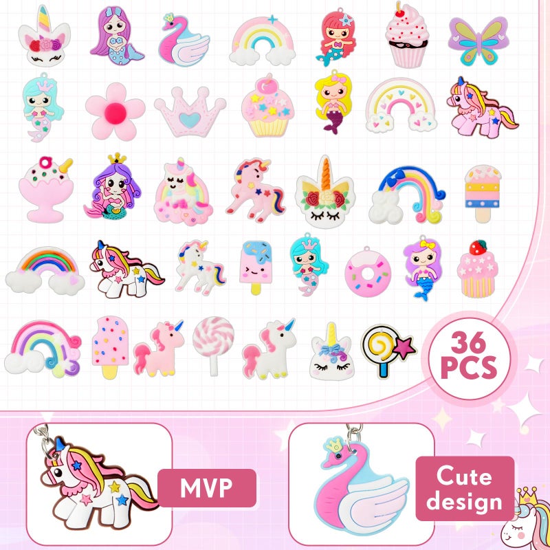 Batiyeer 36 Pack Sweet Valentines Keychains Bulk, Pink Mermaid Unicorn Backpack Rainbow Key Chains, Birthday Party Favor Gifts Goodie Bag Stuffers for Party Decoration Supplies - Image 3
