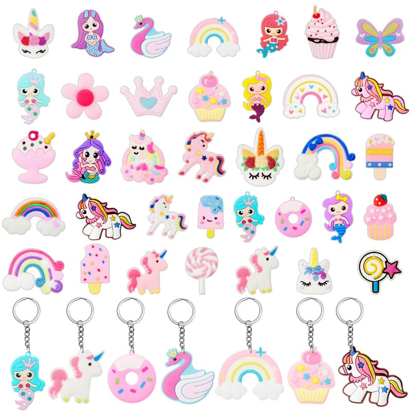 Batiyeer 36 Pack Sweet Valentines Keychains Bulk, Pink Mermaid Unicorn Backpack Rainbow Key Chains, Birthday Party Favor Gifts Goodie Bag Stuffers for Party Decoration Supplies - Image 1